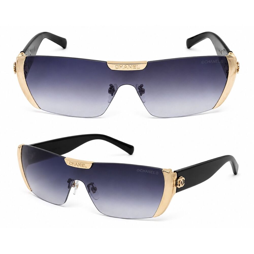 Chanel Shield Sunglasses Black Gold Rimless Y2K Designer Shades AS IS